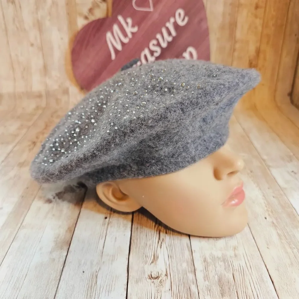 Women's rhinestone gray wool beret hat